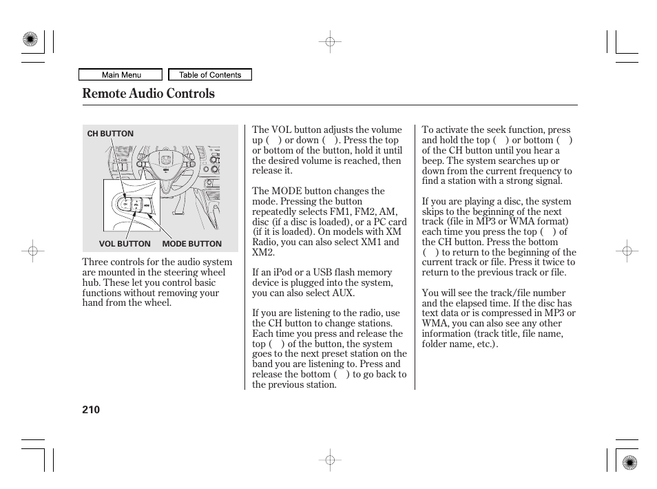 Remote audio controls | HONDA 2010 Civic Hybrid User Manual | Page 213 / 368