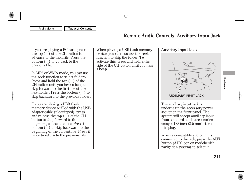 Remote audio controls, auxiliary input jack | HONDA 2010 Civic Hybrid User Manual | Page 214 / 368