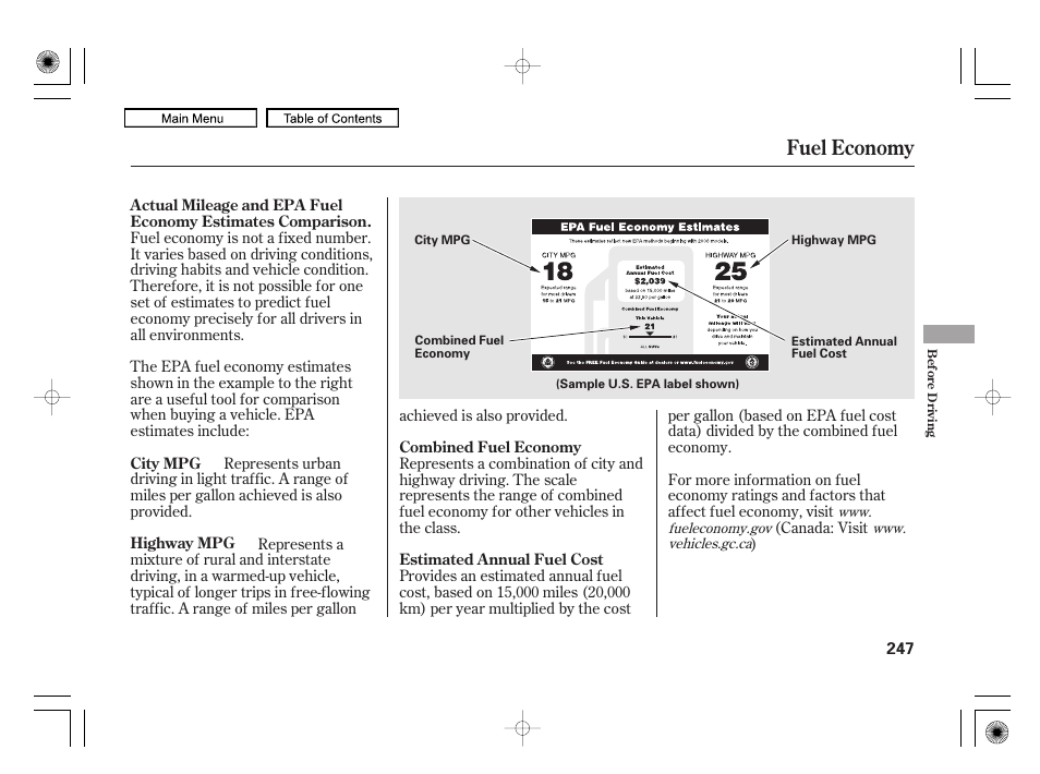 Fuel economy | HONDA 2010 Civic Hybrid User Manual | Page 250 / 368