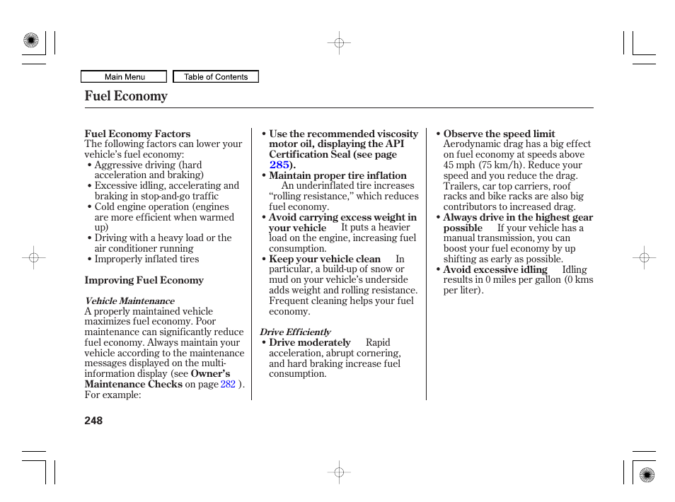 Fuel economy | HONDA 2010 Civic Hybrid User Manual | Page 251 / 368