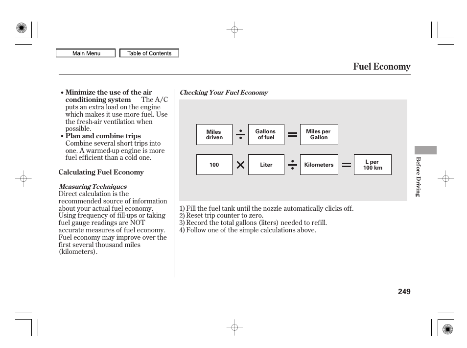 Fuel economy | HONDA 2010 Civic Hybrid User Manual | Page 252 / 368