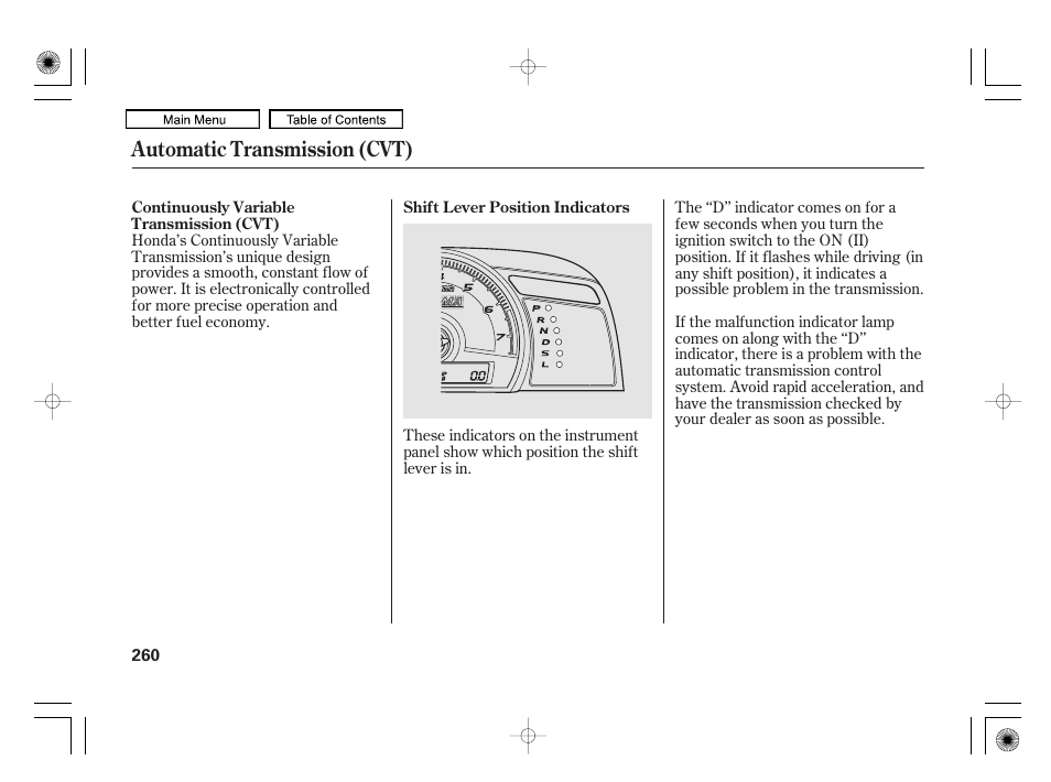 Automatic transmission (cvt) | HONDA 2010 Civic Hybrid User Manual | Page 263 / 368