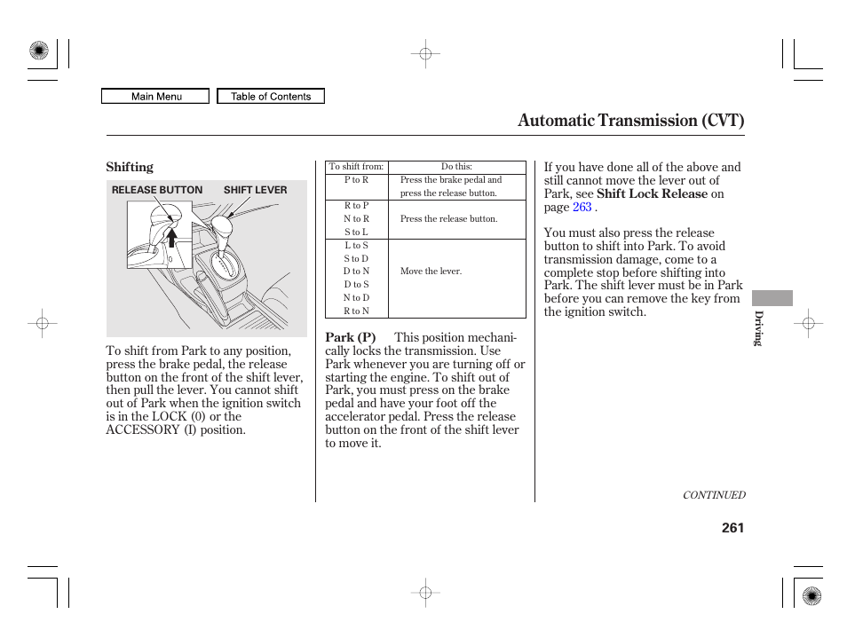 Automatic transmission (cvt) | HONDA 2010 Civic Hybrid User Manual | Page 264 / 368