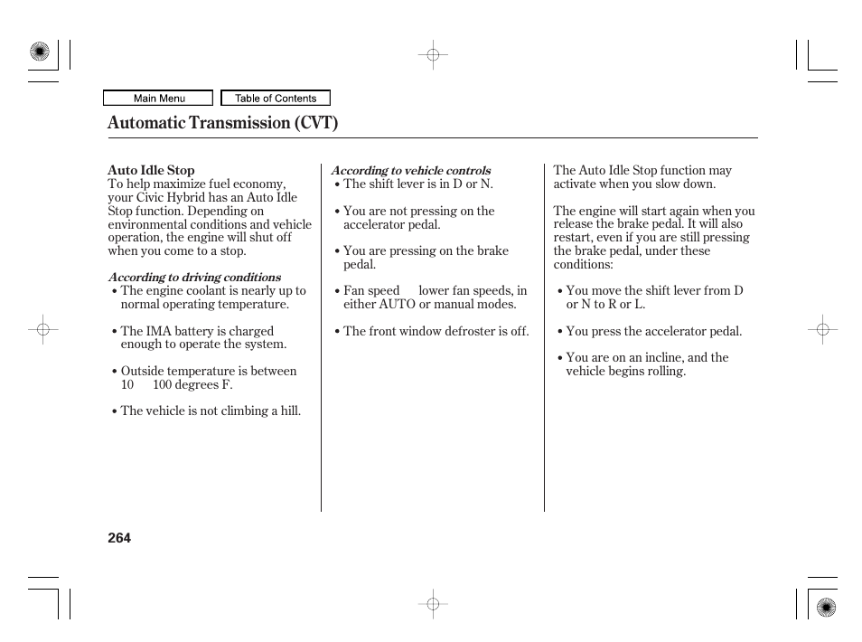 Automatic transmission (cvt) | HONDA 2010 Civic Hybrid User Manual | Page 267 / 368