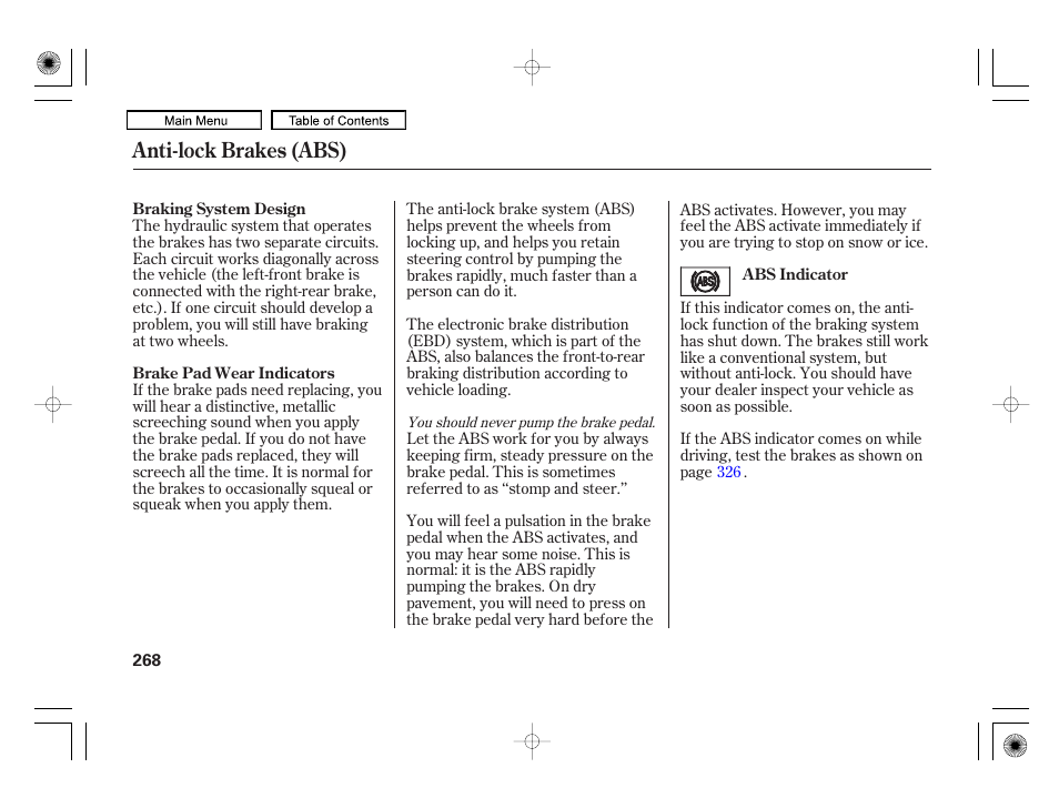 Anti-lock brakes (abs) | HONDA 2010 Civic Hybrid User Manual | Page 271 / 368