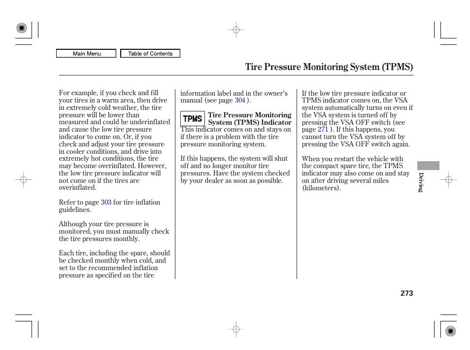 Tire pressure monitoring system (tpms) | HONDA 2010 Civic Hybrid User Manual | Page 276 / 368