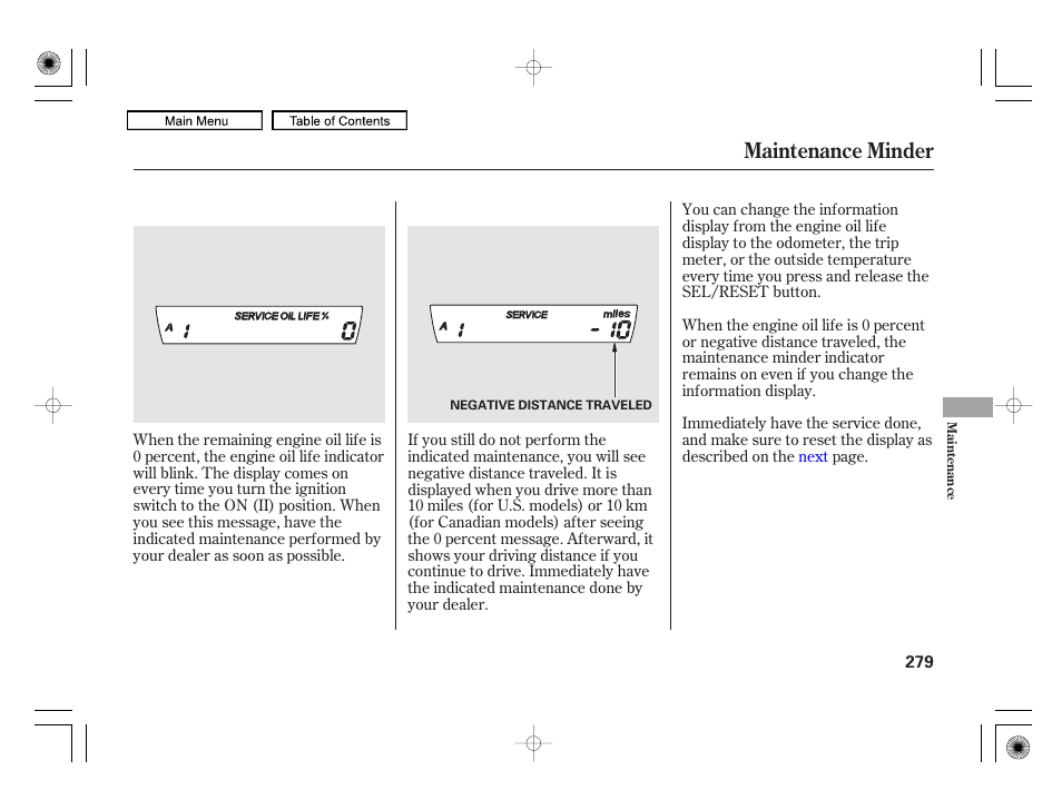 Maintenance minder | HONDA 2010 Civic Hybrid User Manual | Page 282 / 368