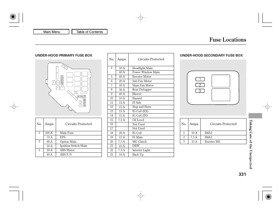 Fuse locations, 2010 civic hybrid | HONDA 2010 Civic Hybrid User Manual | Page 334 / 368