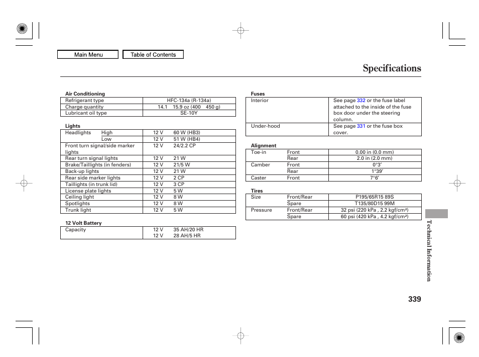 Specifications, 2010 civic hybrid | HONDA 2010 Civic Hybrid User Manual | Page 342 / 368