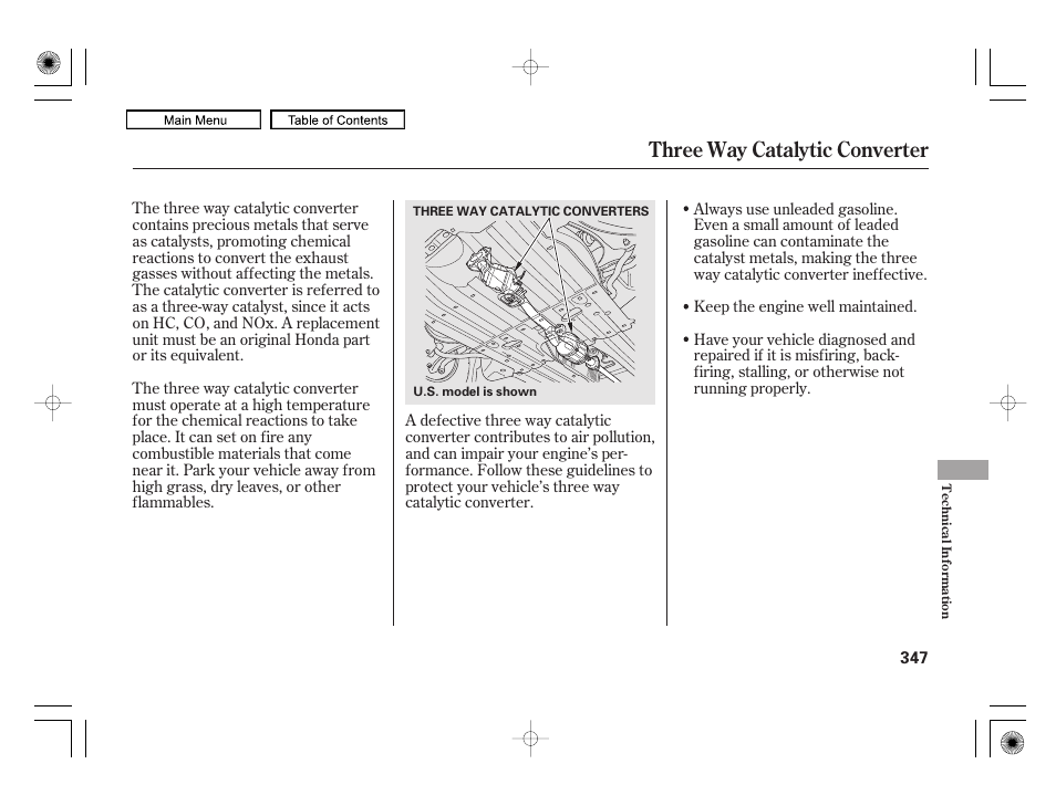 Three way catalytic converter | HONDA 2010 Civic Hybrid User Manual | Page 350 / 368