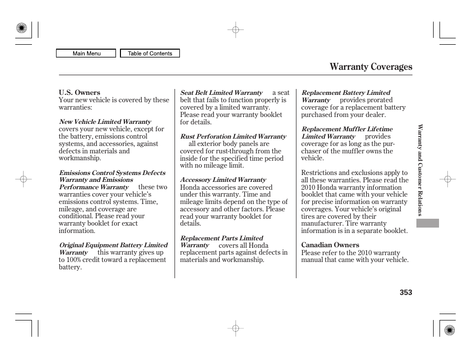 Warranty coverages | HONDA 2010 Civic Hybrid User Manual | Page 356 / 368