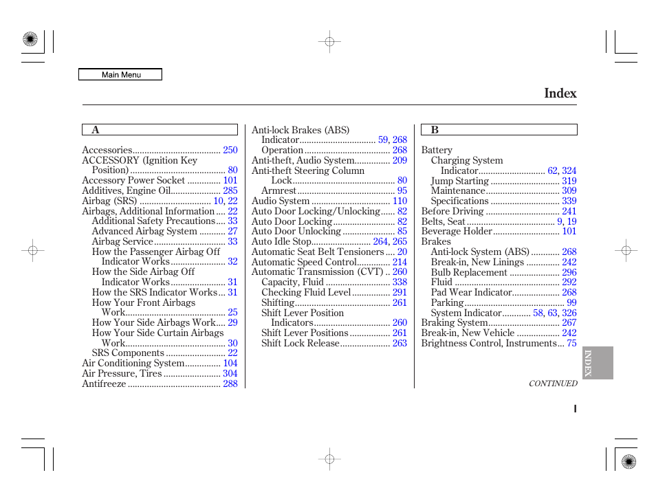 Index | HONDA 2010 Civic Hybrid User Manual | Page 359 / 368