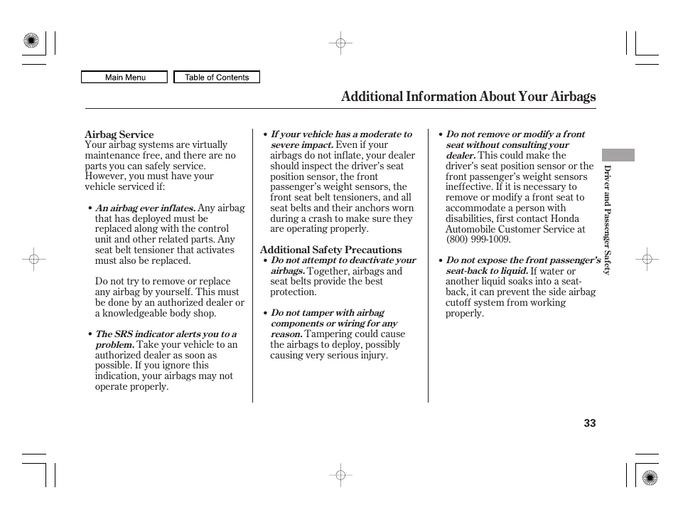 Additional information about your airbags | HONDA 2010 Civic Hybrid User Manual | Page 36 / 368