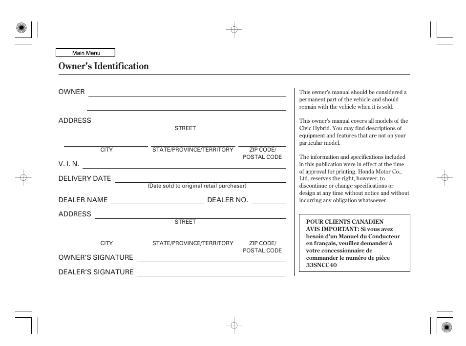 Owner's identification form, Owner’s identification | HONDA 2010 Civic Hybrid User Manual | Page 368 / 368