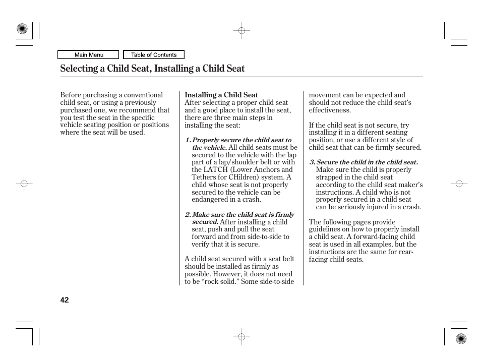 Selecting a child seat, installing a child seat | HONDA 2010 Civic Hybrid User Manual | Page 45 / 368