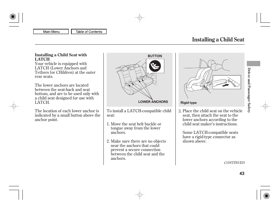 Installing a child seat | HONDA 2010 Civic Hybrid User Manual | Page 46 / 368