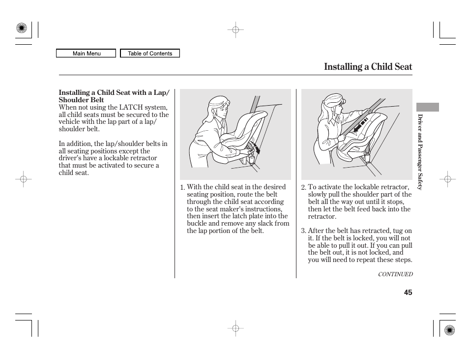 Installing a child seat | HONDA 2010 Civic Hybrid User Manual | Page 48 / 368