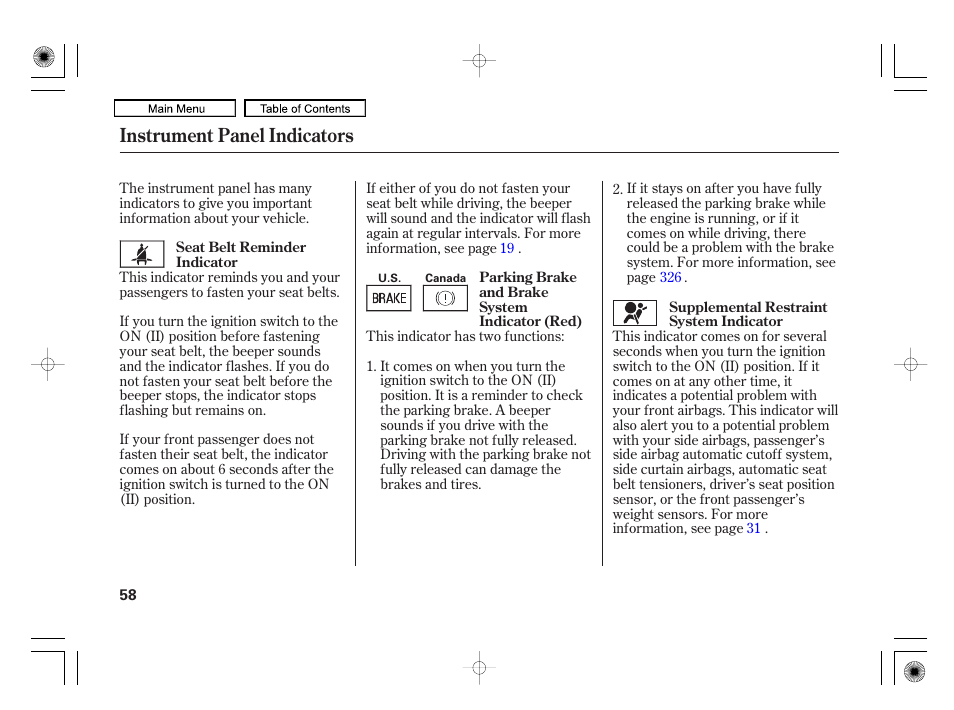 Instrument panel indicators | HONDA 2010 Civic Hybrid User Manual | Page 61 / 368