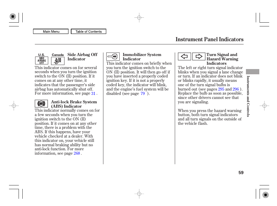 Instrument panel indicators | HONDA 2010 Civic Hybrid User Manual | Page 62 / 368