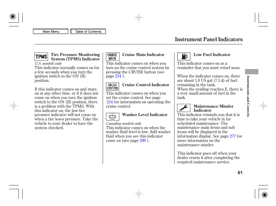 Instrument panel indicators | HONDA 2010 Civic Hybrid User Manual | Page 64 / 368