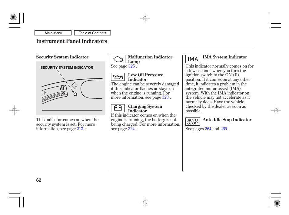 Instrument panel indicators | HONDA 2010 Civic Hybrid User Manual | Page 65 / 368