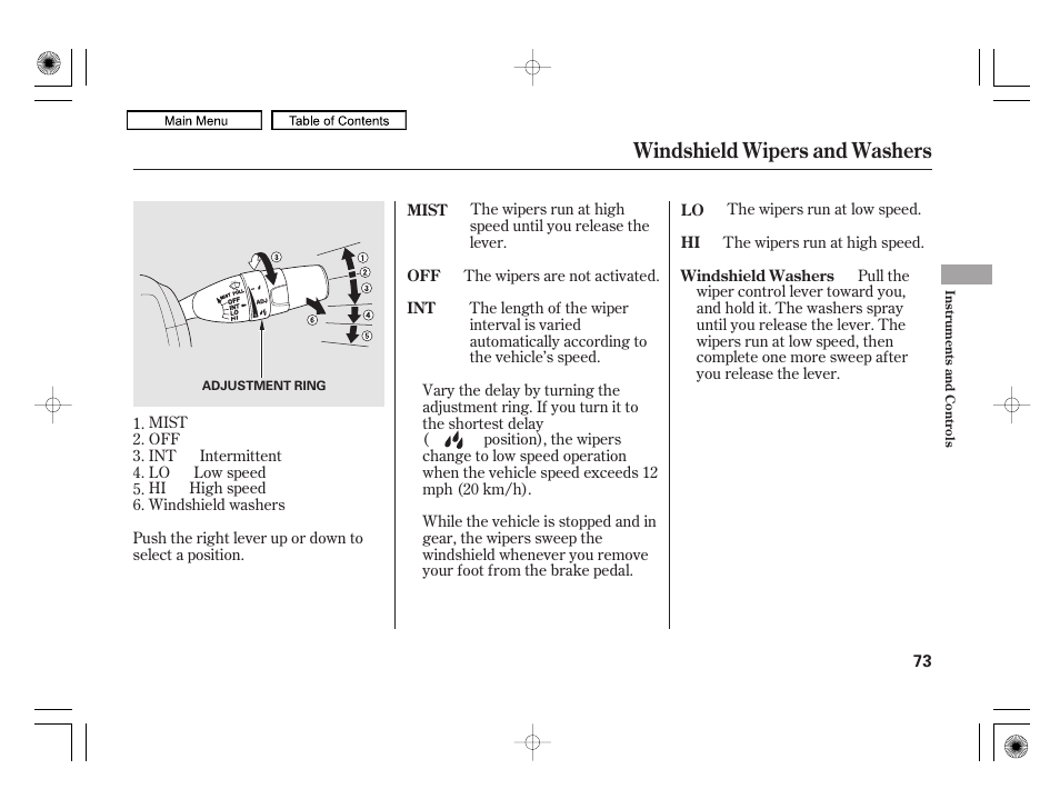 Windshield wipers and washers | HONDA 2010 Civic Hybrid User Manual | Page 76 / 368