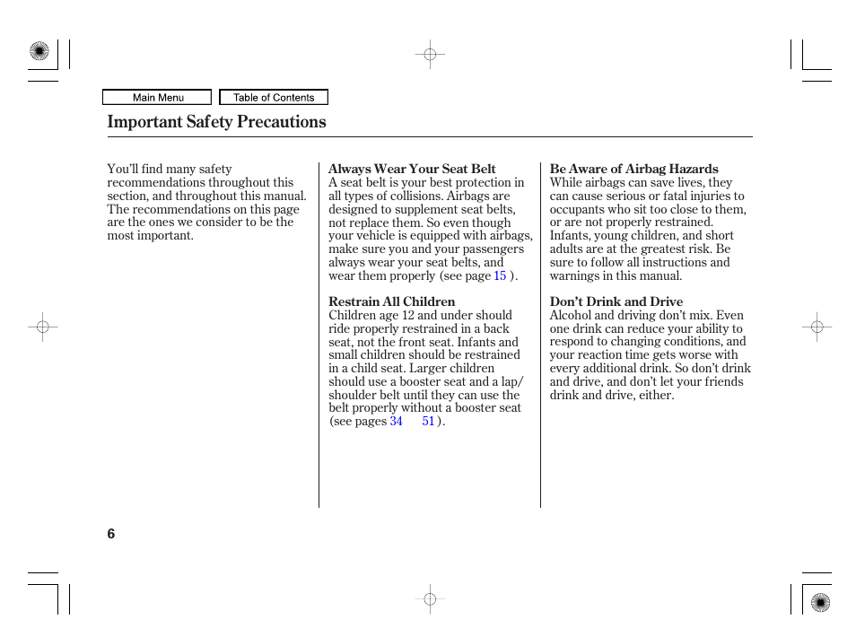 Important safety precautions | HONDA 2010 Civic Hybrid User Manual | Page 9 / 368