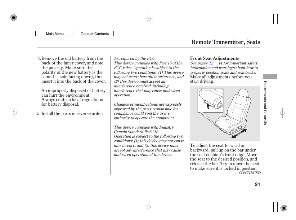 Remote transmitter, seats | HONDA 2010 Civic Hybrid User Manual | Page 94 / 368