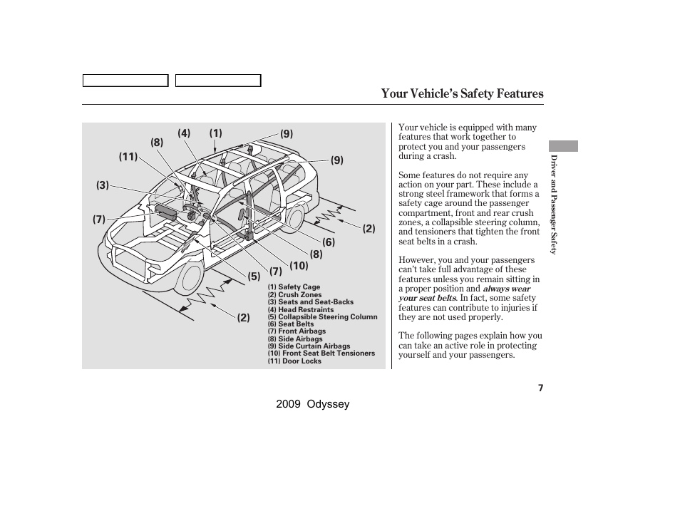 Your vehicle’s safety features | HONDA 2009 Odyssey User Manual | Page 10 / 532