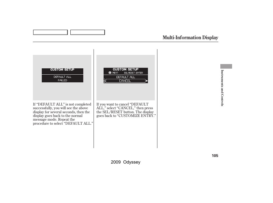 Multi-information display, 2009 odyssey | HONDA 2009 Odyssey User Manual | Page 108 / 532