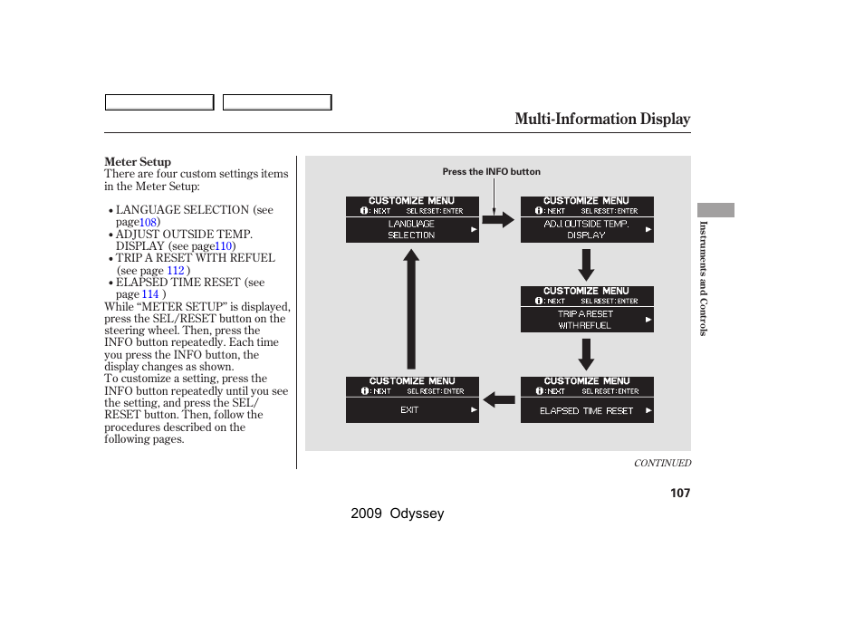 Multi-information display, 2009 odyssey | HONDA 2009 Odyssey User Manual | Page 110 / 532