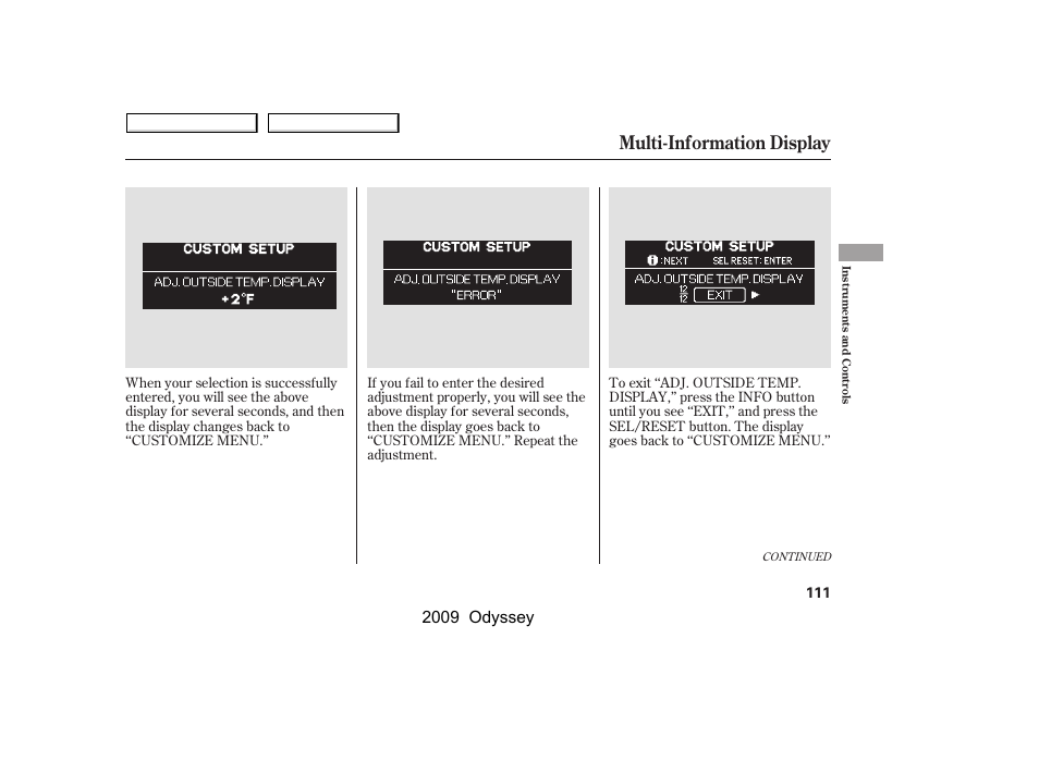 Multi-information display, 2009 odyssey | HONDA 2009 Odyssey User Manual | Page 114 / 532