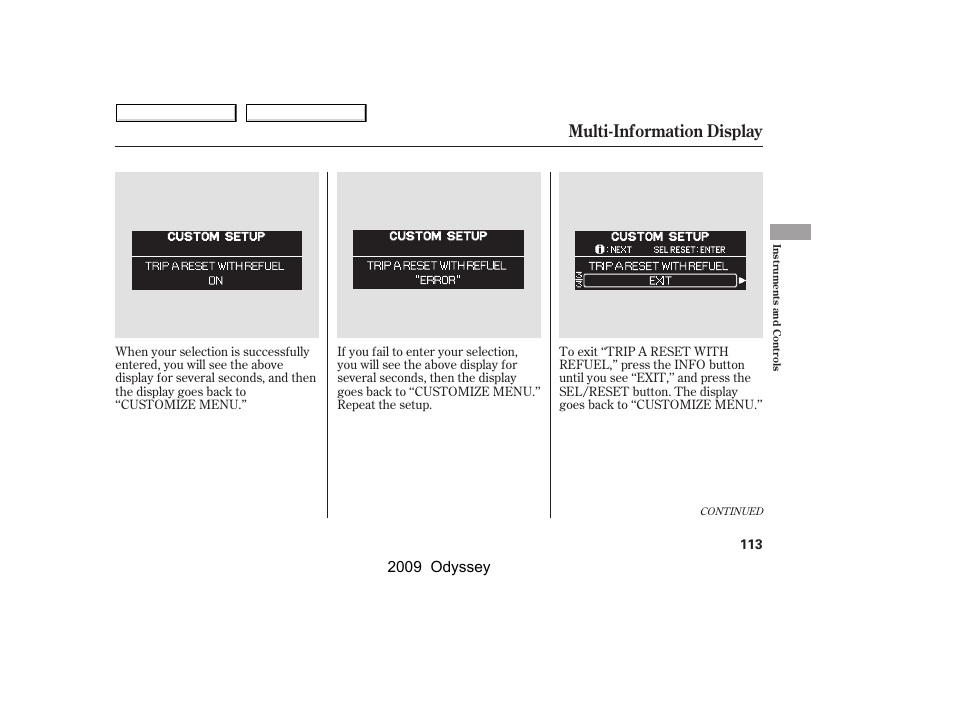 Multi-information display, 2009 odyssey | HONDA 2009 Odyssey User Manual | Page 116 / 532