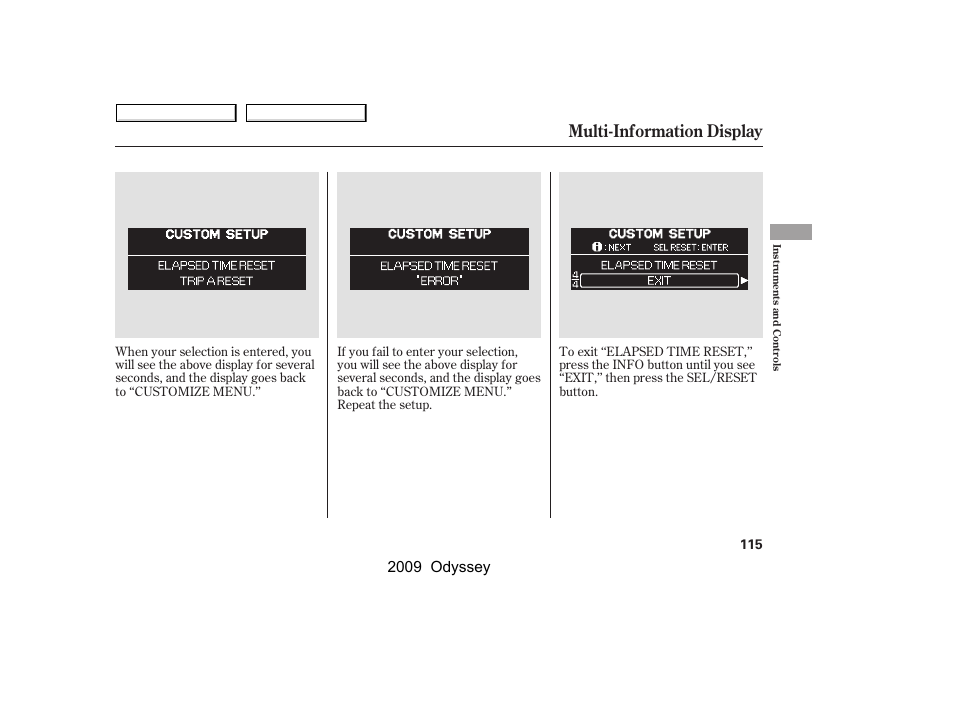 Multi-information display, 2009 odyssey | HONDA 2009 Odyssey User Manual | Page 118 / 532