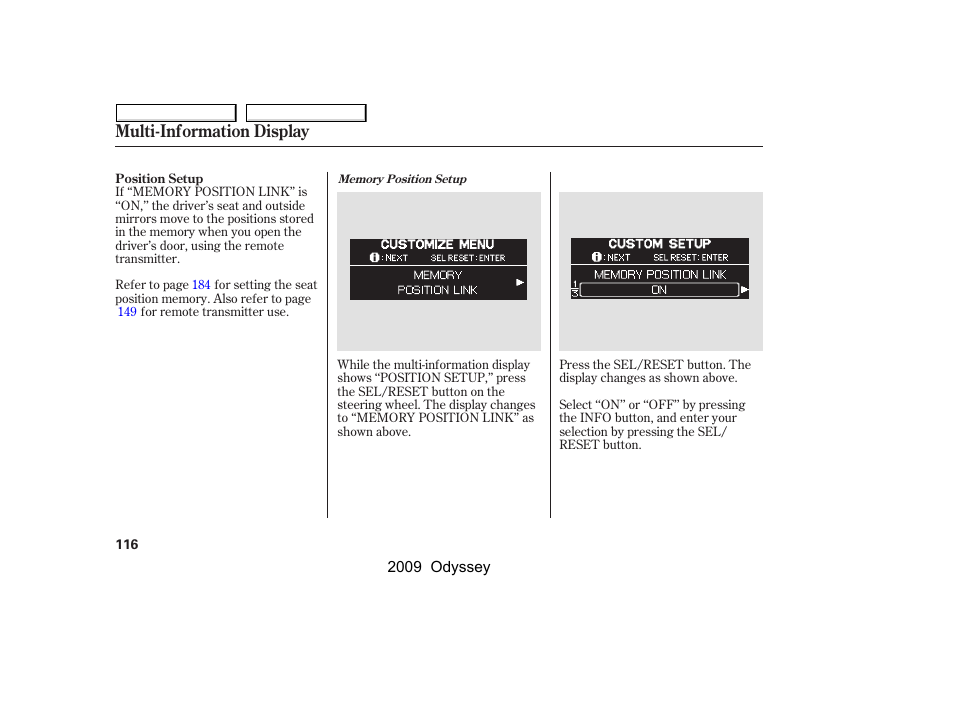 Multi-information display | HONDA 2009 Odyssey User Manual | Page 119 / 532