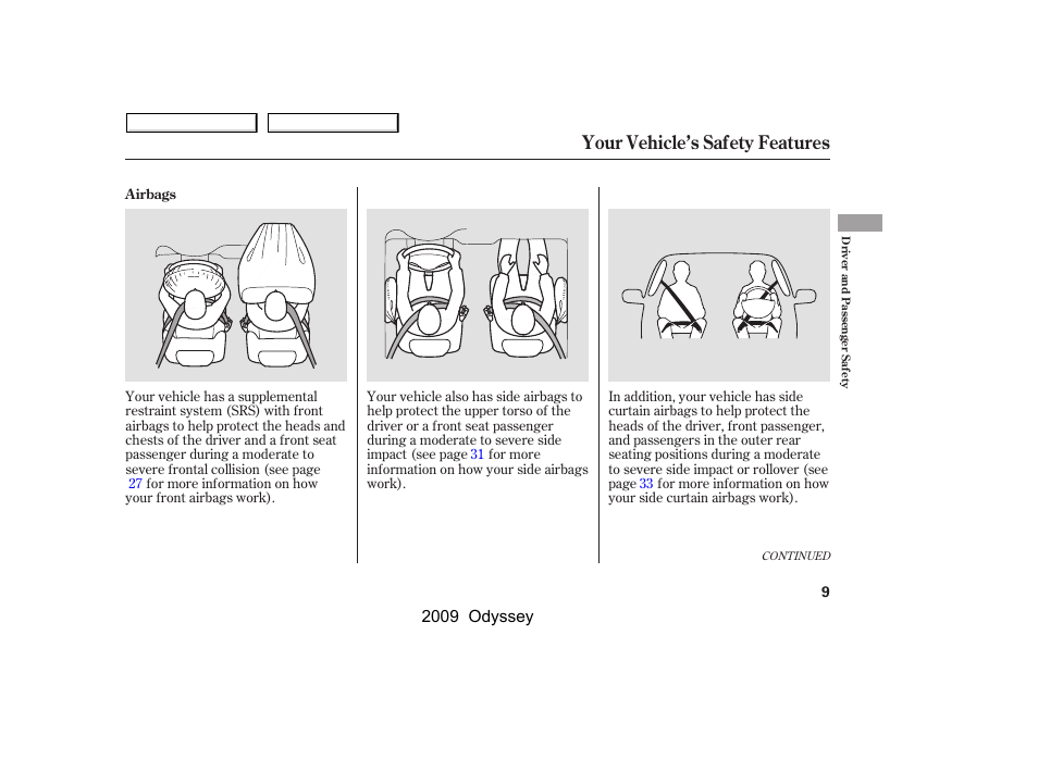 Your vehicle’s safety features | HONDA 2009 Odyssey User Manual | Page 12 / 532