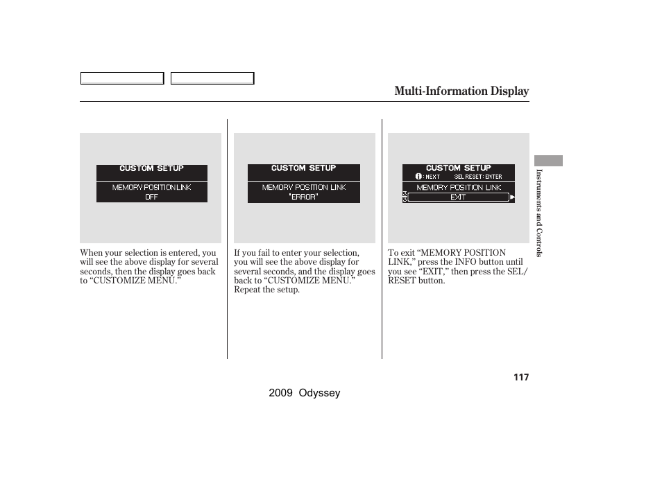 Multi-information display, 2009 odyssey | HONDA 2009 Odyssey User Manual | Page 120 / 532