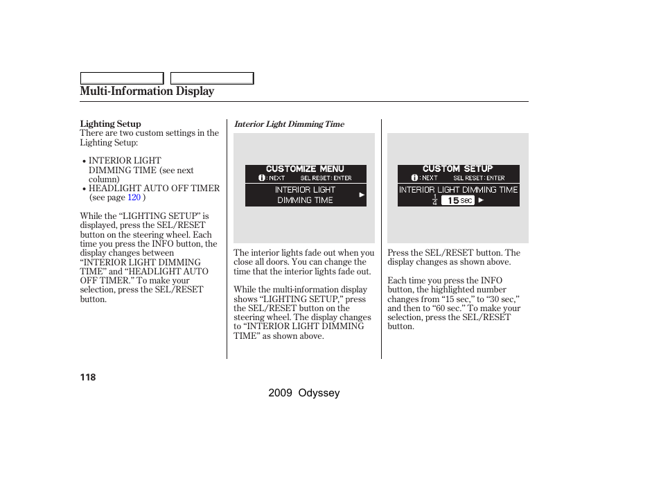 Multi-information display | HONDA 2009 Odyssey User Manual | Page 121 / 532