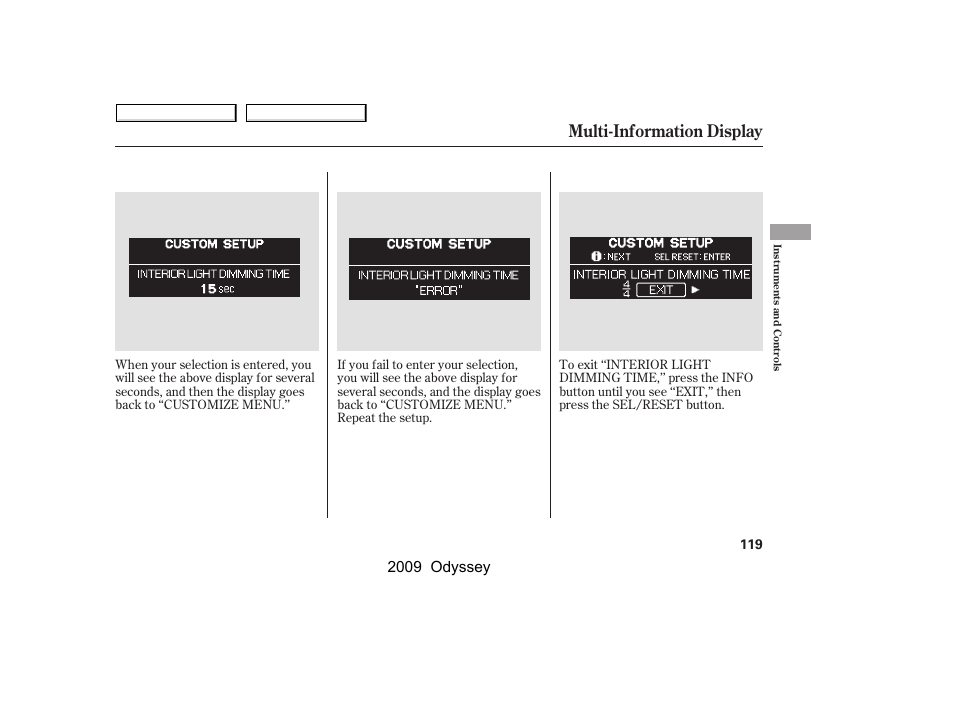 Multi-information display, 2009 odyssey | HONDA 2009 Odyssey User Manual | Page 122 / 532