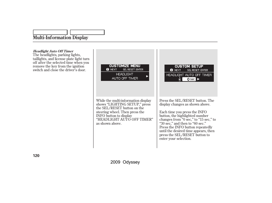 Multi-information display | HONDA 2009 Odyssey User Manual | Page 123 / 532