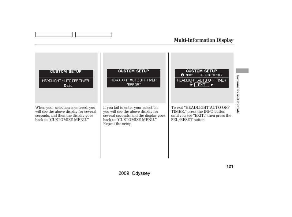 Multi-information display, 2009 odyssey | HONDA 2009 Odyssey User Manual | Page 124 / 532