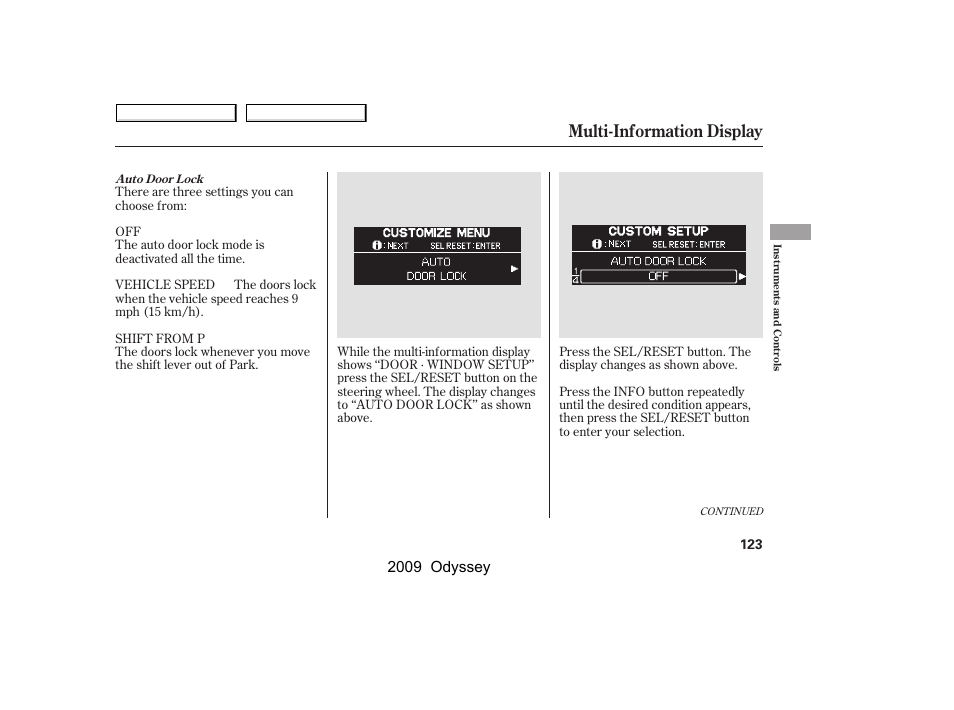 Multi-information display, 2009 odyssey | HONDA 2009 Odyssey User Manual | Page 126 / 532