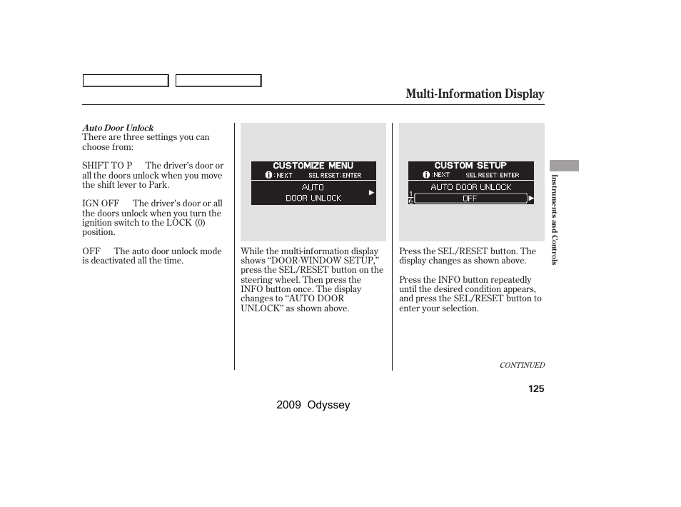 Multi-information display, 2009 odyssey | HONDA 2009 Odyssey User Manual | Page 128 / 532