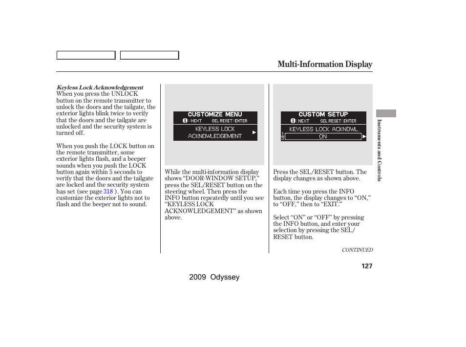 Multi-information display, 2009 odyssey | HONDA 2009 Odyssey User Manual | Page 130 / 532