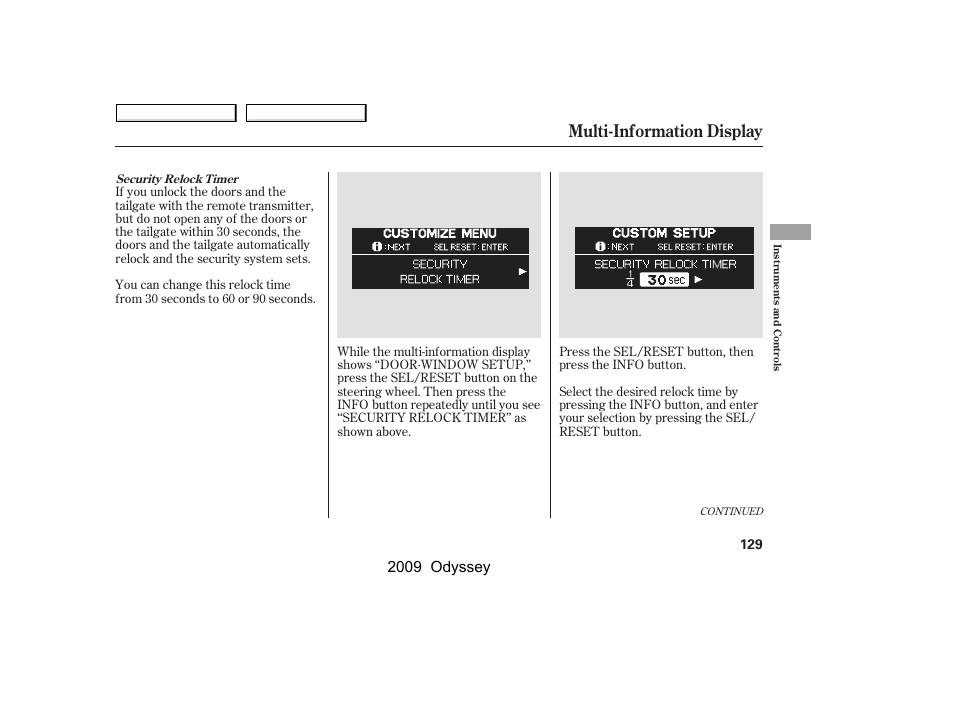 Multi-information display, 2009 odyssey | HONDA 2009 Odyssey User Manual | Page 132 / 532