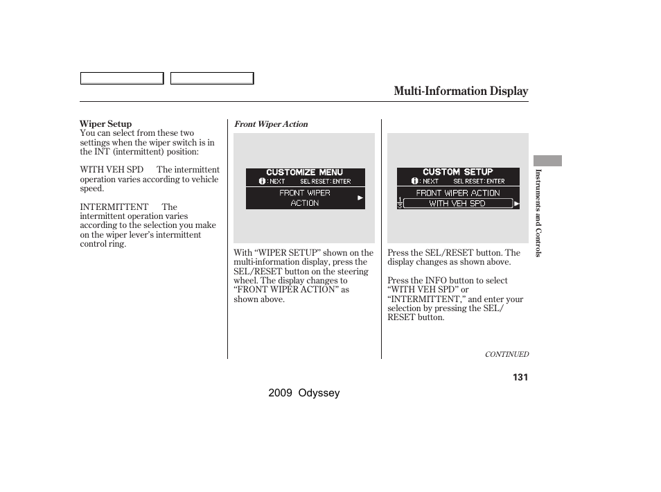 Multi-information display, 2009 odyssey | HONDA 2009 Odyssey User Manual | Page 134 / 532