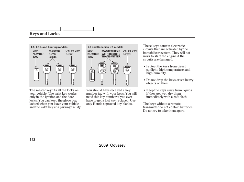 Keys and locks, 2009 odyssey | HONDA 2009 Odyssey User Manual | Page 145 / 532