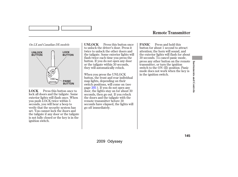 Remote transmitter, 2009 odyssey | HONDA 2009 Odyssey User Manual | Page 148 / 532