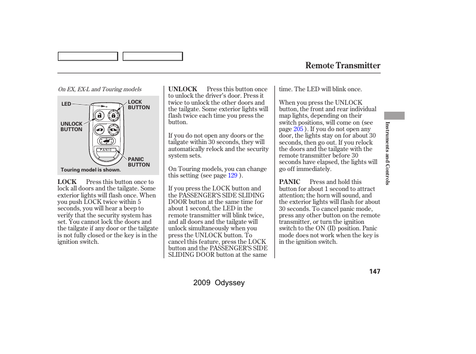 Remote transmitter, 2009 odyssey | HONDA 2009 Odyssey User Manual | Page 150 / 532