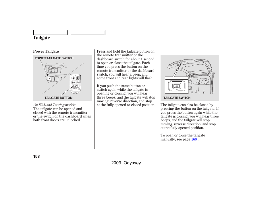 Tailgate | HONDA 2009 Odyssey User Manual | Page 161 / 532